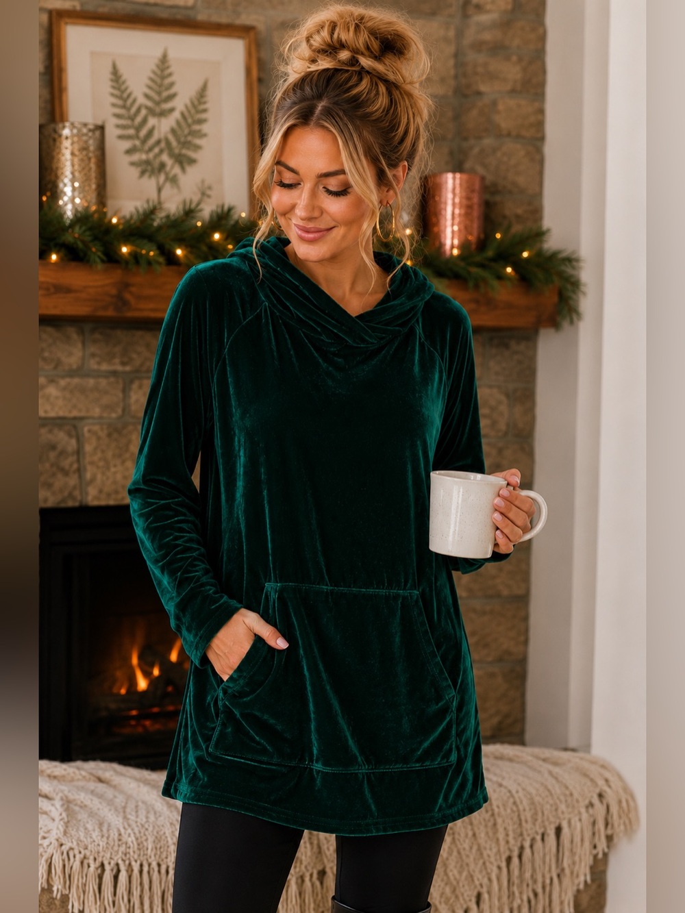 LuLaRoe Emerald Green Velvet Hooded Tunic Top Size Large